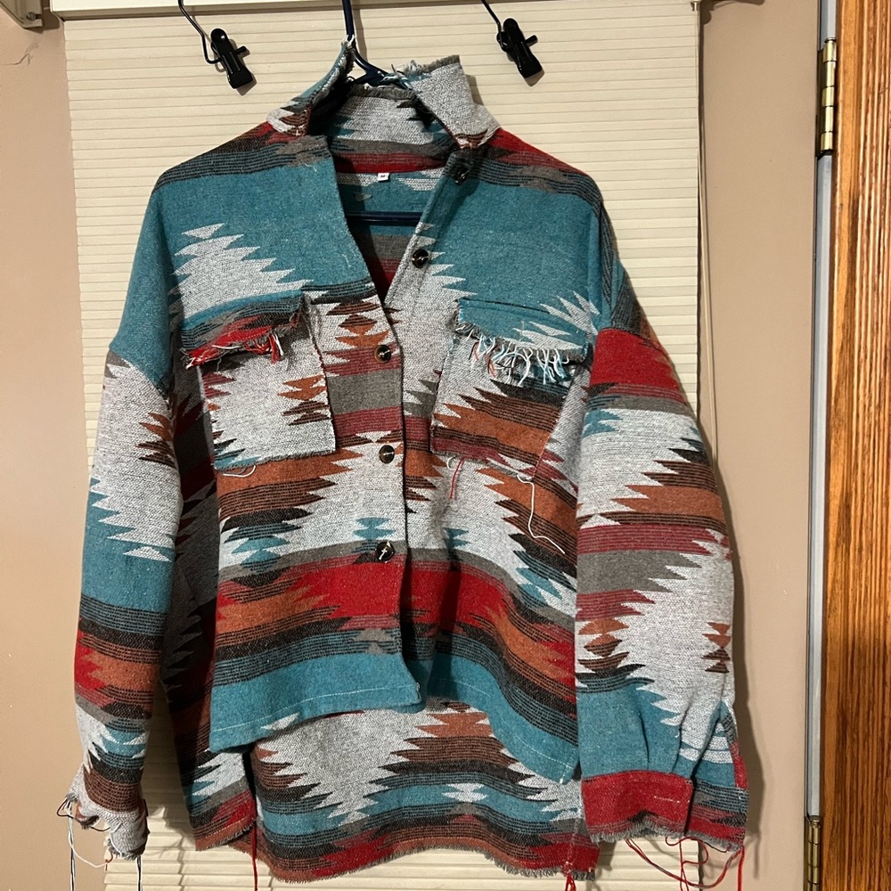 Distressed Flannel Aztec Jacket Coat Shacket Button Up Top Tribal